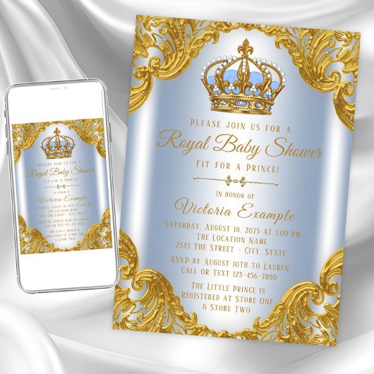 Baby Blue Gold Prince Baby Douche Uitnodigingen