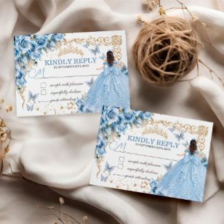Baby Blue Goud Princess Quinceañera RSVP Kaart Notitiekaartje