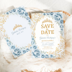 Baby Blue Gouden Bloemige Quinceanera Save The Date