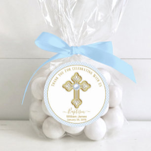 Baby Blue Gouden Jongens Doop Ronde Sticker