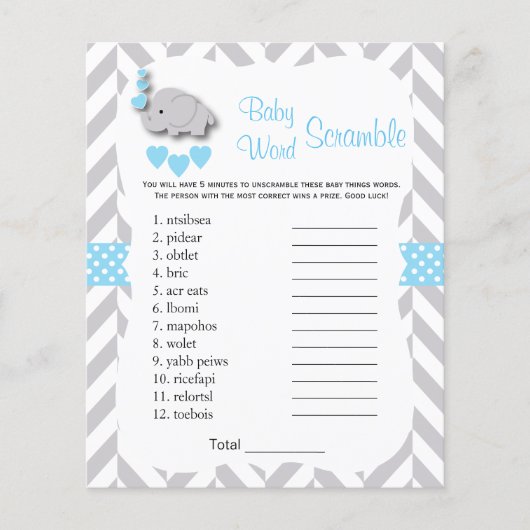 Baby Blue & Grey Elephant Baby shower - Scramble Flyer (Voorkant)