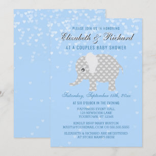 Baby Blue Grey Elephant Hearts Couples Baby shower Kaart