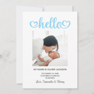 Baby Blue Hello Hearts Script Geboorte Aankondiging