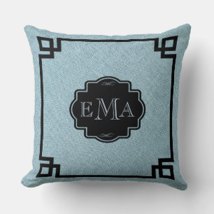 Baby Blue Linen Texture Black Lijst & Monogram Kussen