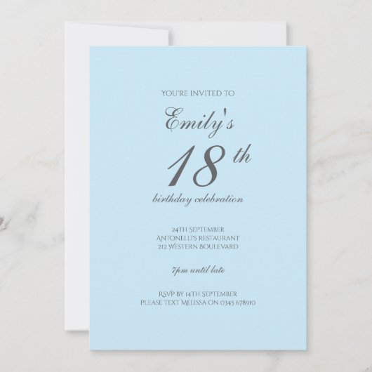 Baby Blue Minimalist 18th Birthday Invitation (Devant)