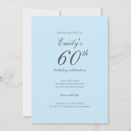 Baby Blue Minimalist 60ste verjaardag Uitnodiging (Voorkant)