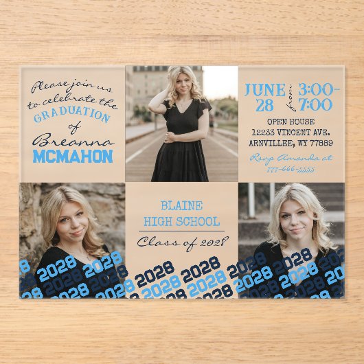 Baby Blue & Navy Afstuderen 3 Foto Frosted Acryl Uitnodigingen (Voorkant)