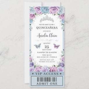 Baby Blue Paarse Floral Quinceañera 16 VIP Ticket Kaart