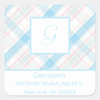 Baby Blue & Pink Plaid Retour Adres Label Seal