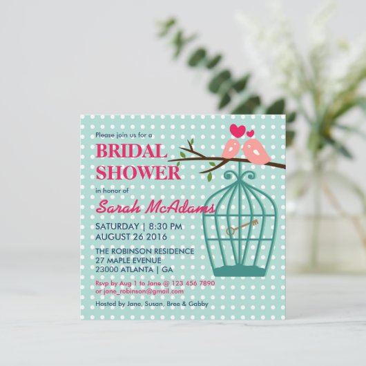 Baby Blue Polka Dots Birdcage Lovevogels Uitnodigi Kaart (Staand voorkant)