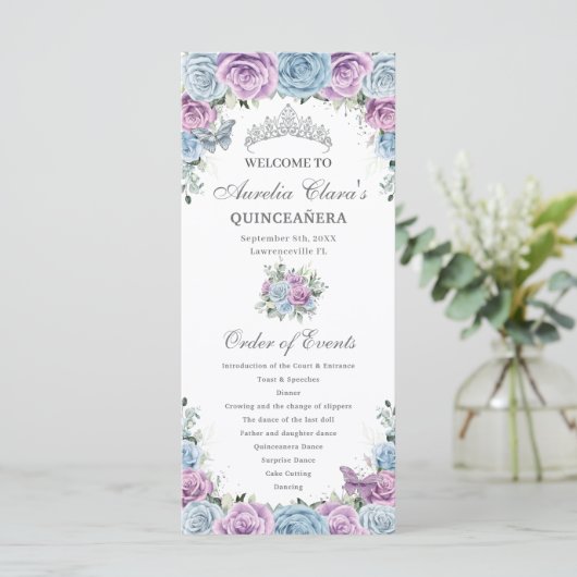 Baby Blue Purple Floral Quinceañera Order Events Programma (Staand voorkant)