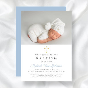 Baby Blue Religieus Kruis Jongensfoto Doop Kaart