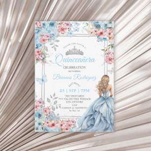 Baby Blue Roze Zilver Bloem Vlinder Quinceañera Kaart