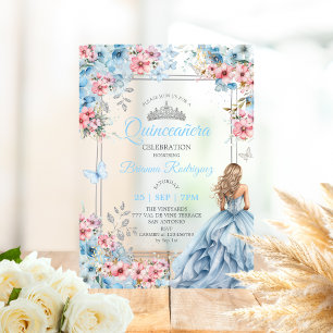 Baby Blue Roze Zilveren Bloem Vlinder Quinceañera Acryl Uitnodigingen