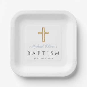 Baby Blue Schrift Religieus Kruis Jongen Doopfeest Papieren Bordje