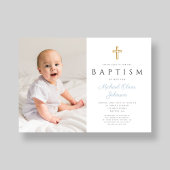 Baby Blue Script Kruis Jongen Foto Doop Kaart
