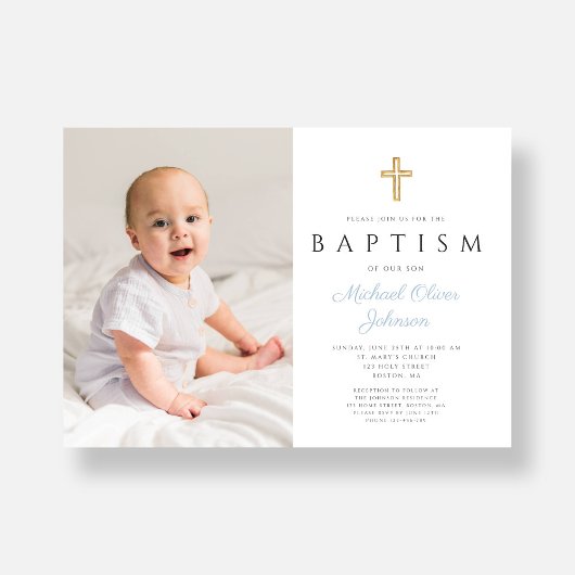 Baby Blue Script Kruis Jongen Foto Doop Kaart