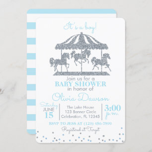 Baby Blue & Silver Carousel Boy Baby shower Kaart
