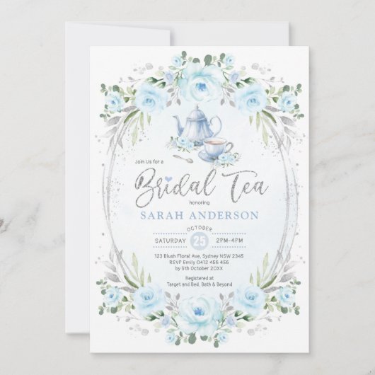 Baby Blue Silver Flower Vrijgezellenfeest Tea Part Kaart (Voorkant)