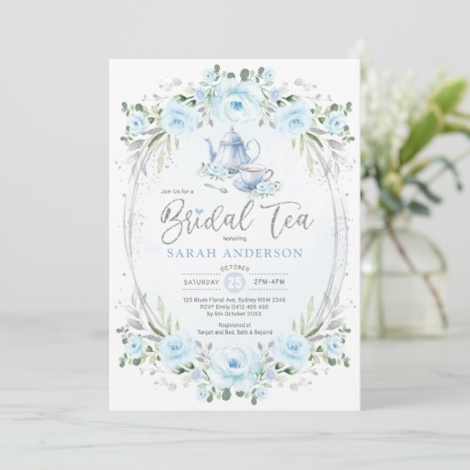 Baby Blue Silver Flower Vrijgezellenfeest Tea Part Kaart (Staand voorkant)