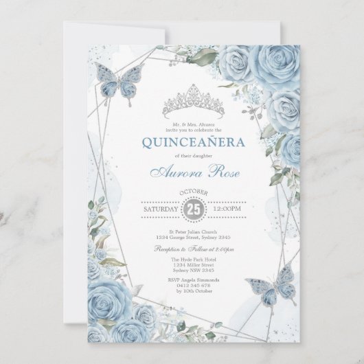 Baby Blue Silver Quinceañera Vlinder Geometrisch Kaart (Voorkant)