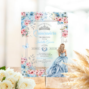 Baby Blue Tiara Bloemen Vlinders Quinceañera Acryl Uitnodigingen
