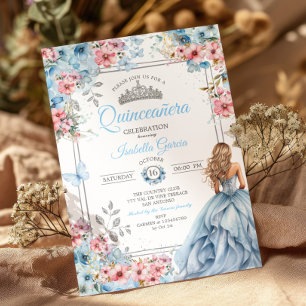 Baby Blue Tiara Bloemen Vlinders Quinceañera Kaart