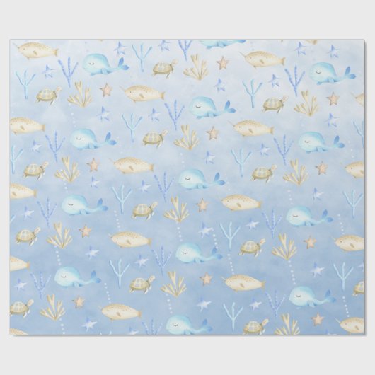 Baby Blue Whale & Narwhal onder het Zee Cadeaupapier (Vlak)