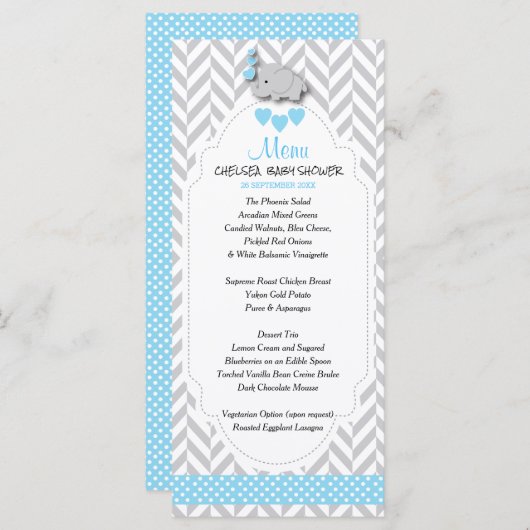 Baby Blue, White en Grey Elephant - Baby shower M Menu (Voorkant / Achterkant)