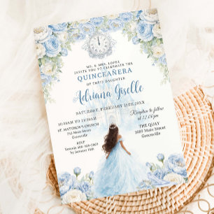 Baby Blue Witte Bloemige Assepoester Quinceanera 1 Kaart