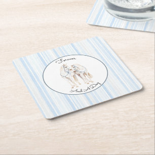 Baby Blue Witte Paarden Strepen Bruiloft Vierkante Kartonnen Onderzetter