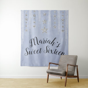 Baby Blue & Zilver Glitter Sterren Sweet 16 Feest Wandkleed