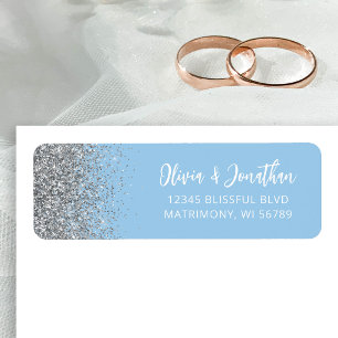 Baby Blue Zilveren Glitter Huwelijk Retouradres Etiket