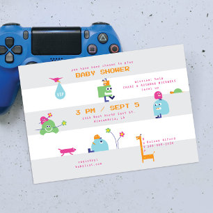 Baby Bots Grijsgestreepte Baby Shower Uitnodiging