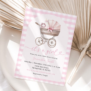 Baby Bottle Carriage Baby shower Girl Pink Gingham Kaart