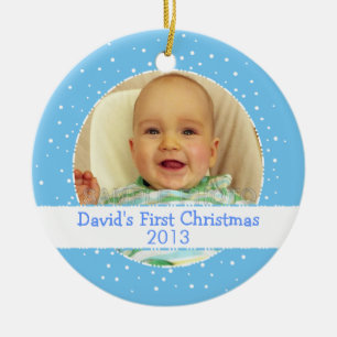 Baby Boy 1 Eerste Kerstblauw Ronde Foto Ornament