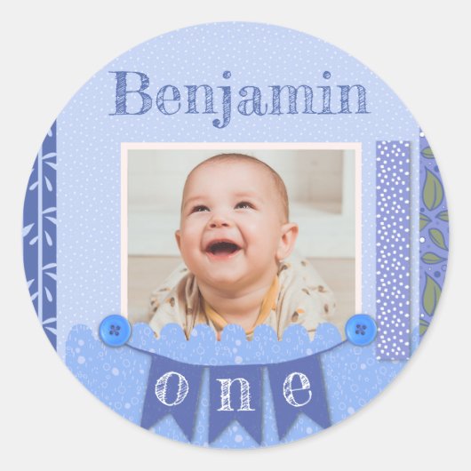 Baby Boy 1st Birthday Blue Scrapbook Ronde Sticker (Voorkant)