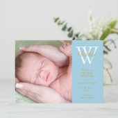 Baby Boy 4 Foto's Blue Monogram Gold Script Birth Aankondiging (Staand voorkant)