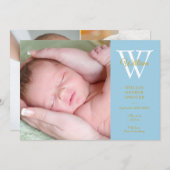 Baby Boy 4 Foto's Blue Monogram Gold Script Birth Aankondiging (Voorkant / Achterkant)