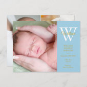 Baby Boy 4 foto's gouden script monogram blauw geb Aankondigingskaart (Voorkant / Achterkant)