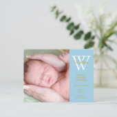 Baby Boy 4 foto's gouden script monogram blauw geb Aankondigingskaart (Staand voorkant)