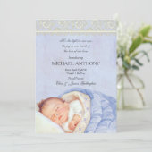  Baby Boy Aankondiging Blauw & Ivoor Kant (Staand voorkant)