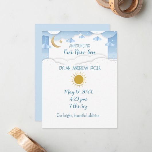 Baby Boy Aankondiging Flat Note Kaart (Voorkant / Achterkant in situ)