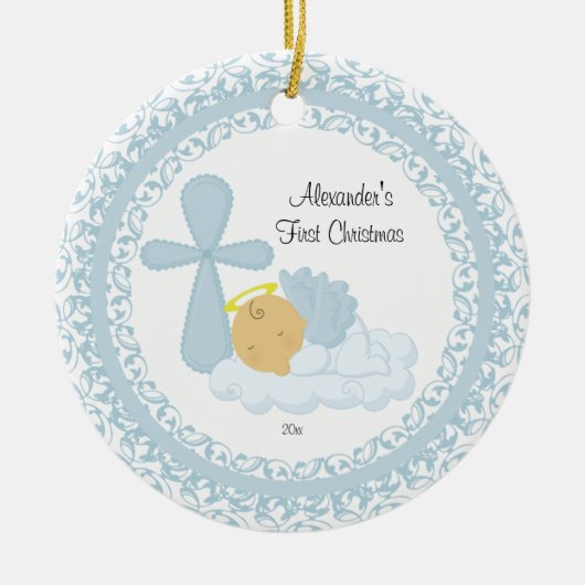 Baby Boy Angel Baby's eerste kerstversiering Keramisch Ornament (Voorkant)