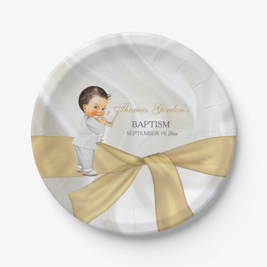Baby Boy Baptism Christening Gold White Papieren Bordje (Voorkant)