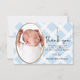 Baby Boy Baptism foto Pattern Blue White Bedankkaart