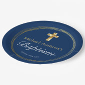 Baby Boy Baptism Navy Blue Gold Cross Papieren Bordje (Gekanteld)