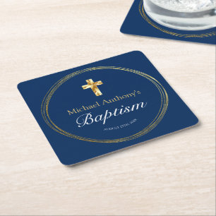 Baby Boy Baptism Navy Blue Gold Cross Vierkante Kartonnen Onderzetter