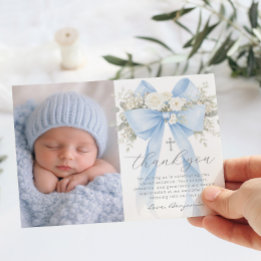 Baby Boy Baptism Photo Floral Thank you Card Kaart