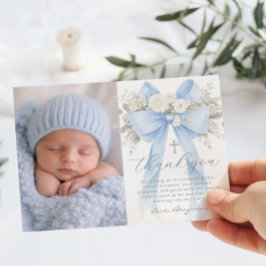 Baby Boy Baptism Photo Floral Thank you Card Kaart